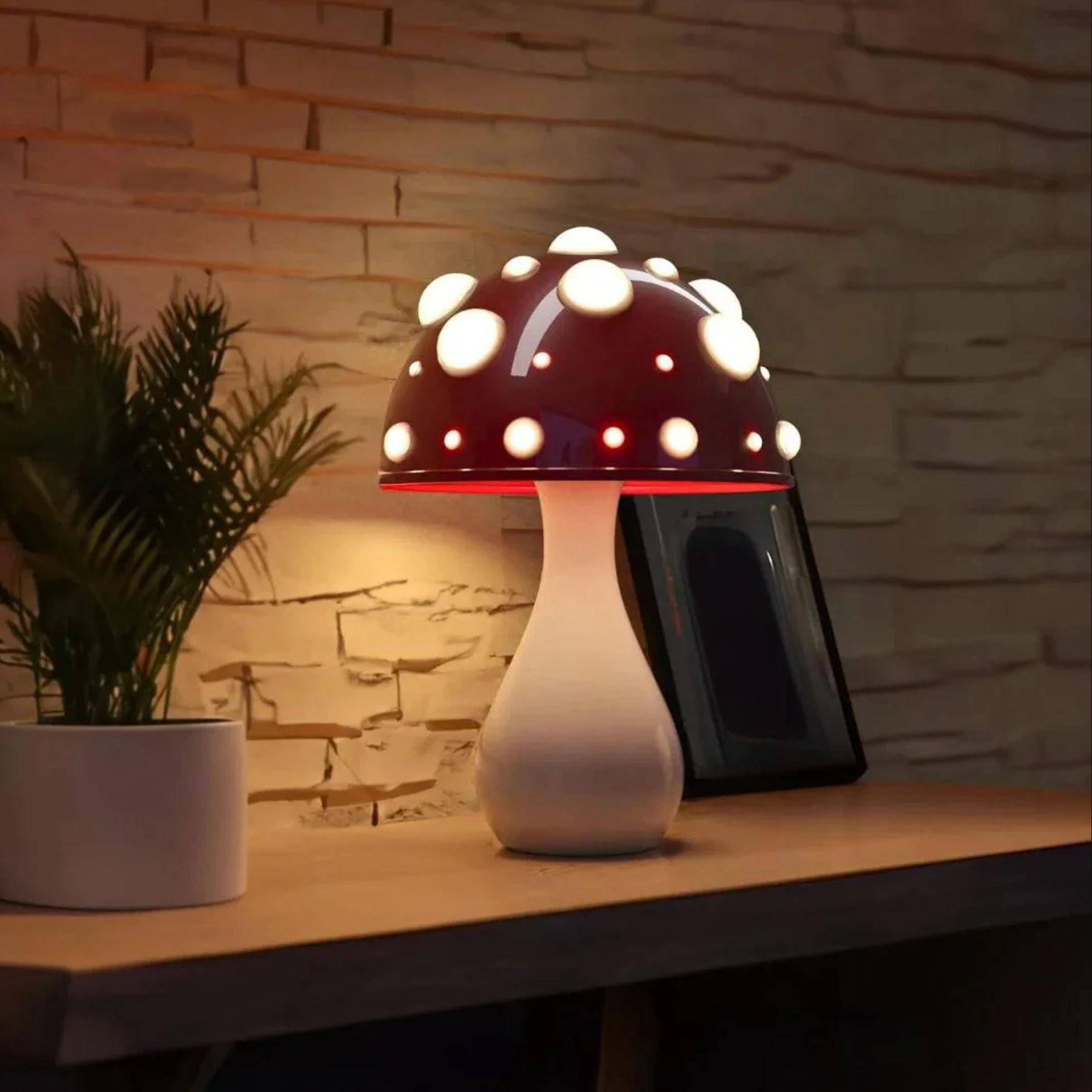 Mushroom Table Lamp, Red LED Night Light with Glowing Spots, Bedside Lamp, UK Plug