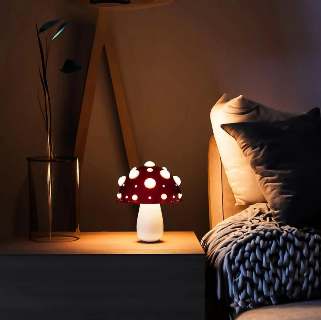 Mushroom Table Lamp, Red LED Night Light with Glowing Spots, Bedside Lamp, UK Plug