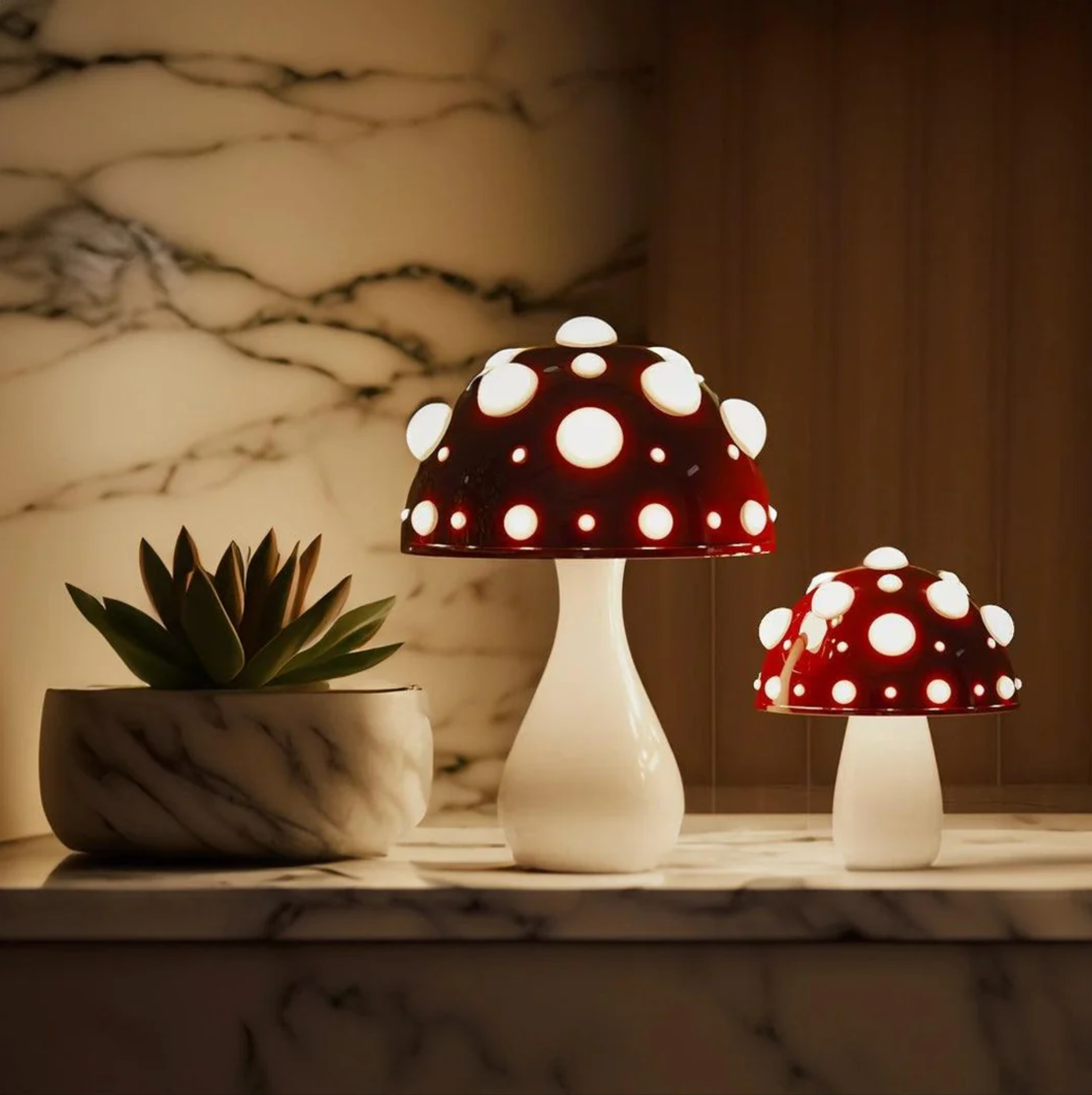 Mushroom Table Lamp, Red LED Night Light with Glowing Spots, Bedside Lamp, UK Plug