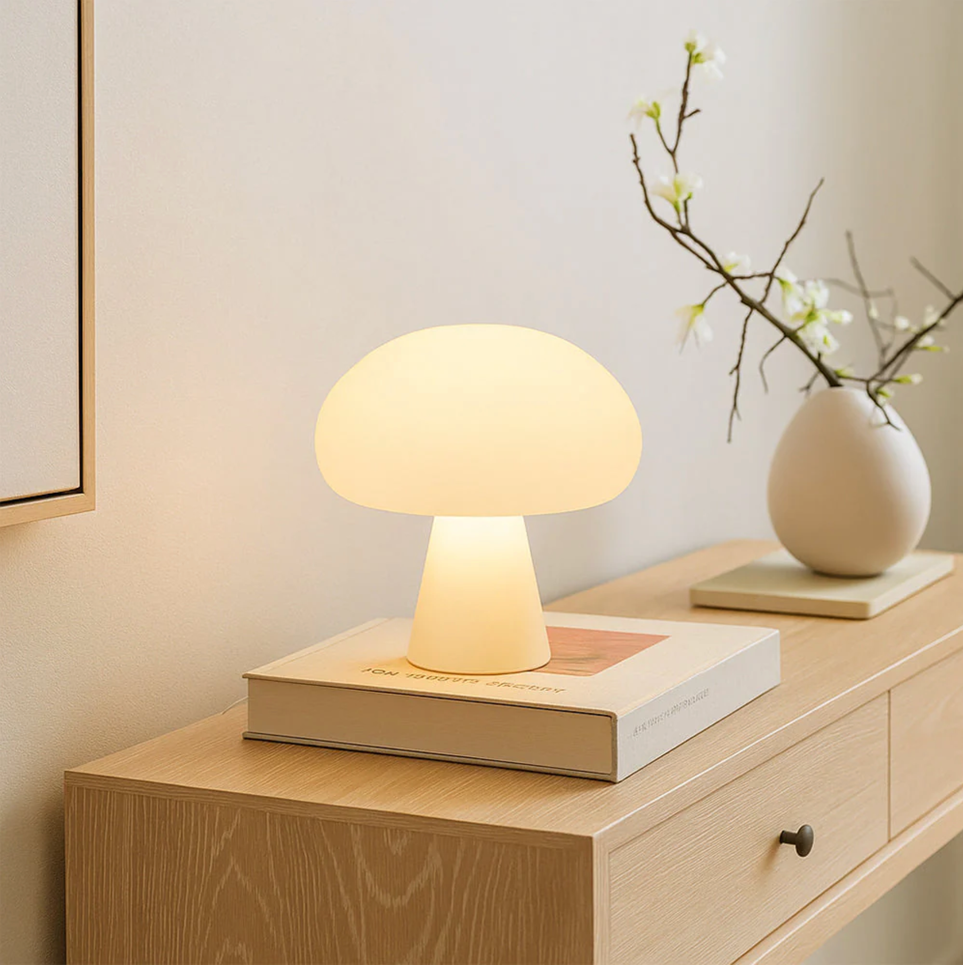 Mushroom Table Lamp, Frosted White Glass Warm LED Night Light, Scandi Style, UK Plug