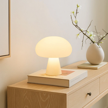 Mushroom Table Lamp, Frosted White Glass Warm LED Night Light, Scandi Style, UK Plug