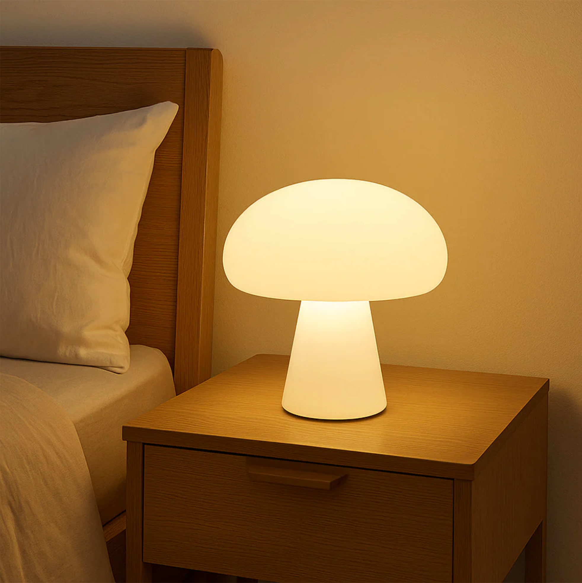 Mushroom Table Lamp, Frosted White Glass Warm LED Night Light, Scandi Style, UK Plug